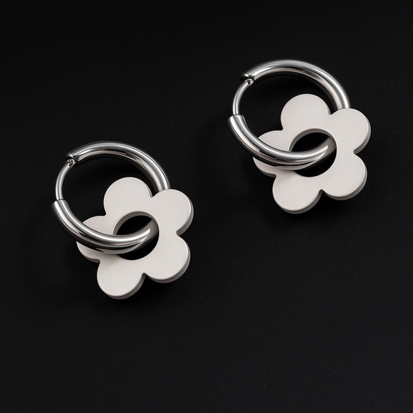 925 Sterling Silver Hoop Earrings with Silver Flower Charm - Picture 2 of 3